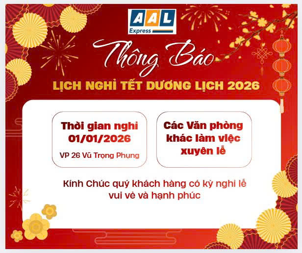 LỊCH NGHỈ TẾT DƯƠNG LỊCH NĂM 2026 CÔNG TY CỔ PHẦN GIAO NHẬN HÀNG KHÔNG AAL
